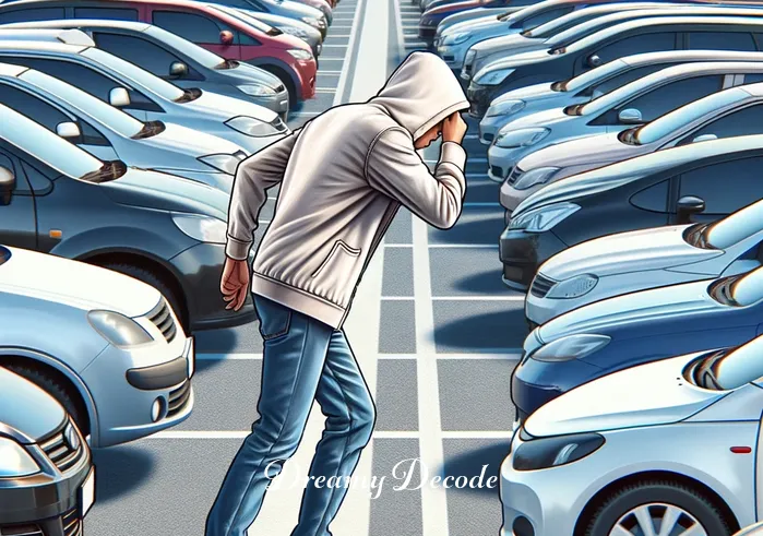 dream meaning lost car _ The same person now actively searching for their car, walking between the rows of vehicles, occasionally stopping to peer at different cars, visibly frustrated and concerned.