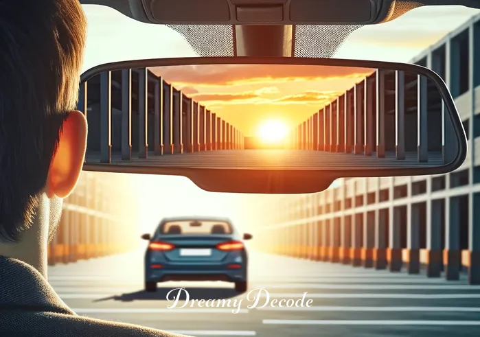 dream meaning lost car _ The person driving away from the parking lot in their found car, visible through the rear-view mirror. The parking lot is seen in the background, fading away as they drive towards a setting sun, symbolizing resolution and peace.
