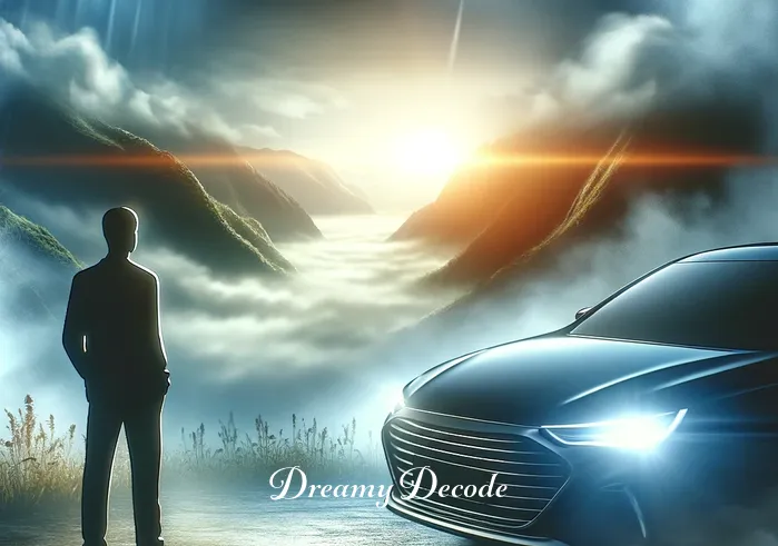 dream meaning new car _ A person standing in a dreamlike, misty landscape, gazing at a shiny new car. The car symbolizes new opportunities and adventure, reflecting the sunlight in a way that suggests potential and excitement.