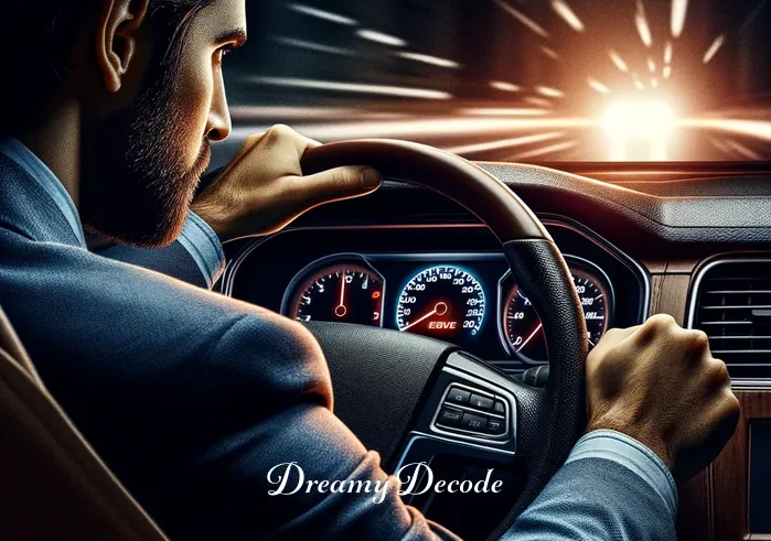 dream meaning new car _ The same person, now inside the car, gripping the steering wheel with a look of determination and anticipation. The dashboard lights up, symbolizing the beginning of a new journey or phase in life.