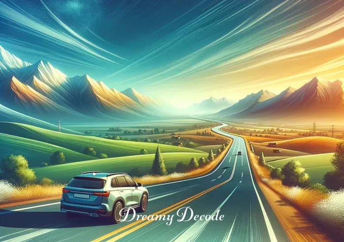 dream meaning new car _ The car driving along a scenic road, surrounded by a vibrant landscape. The journey represents progress and the pursuit of goals, with the clear road ahead symbolizing ease and clarity in one