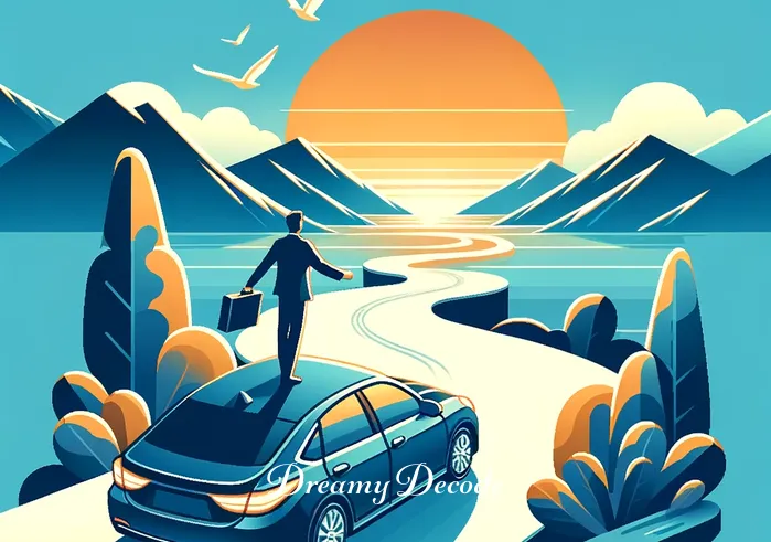 dream meaning new car _ The car reaching a beautiful destination, like a hilltop with a panoramic view or a serene beach. This signifies the achievement of goals and the realization of dreams, with the person stepping out of the car to admire the view, feeling fulfilled and content.