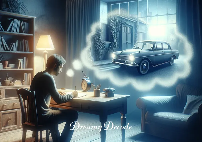 dream meaning of car being stolen _ A dream scene showing the person in a cozy, dimly lit room, sitting at a wooden desk with a notebook and pen, deeply contemplating and writing down the dream about their car being stolen. This represents the introspection and analysis phase, where the dreamer tries to understand the dream