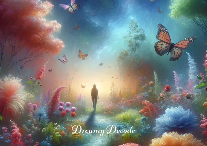 dream meaning of car being stolen _ An image of a person in a serene garden, surrounded by colorful flowers and butterflies, symbolizing a sense of peace and acceptance. This reflects the emotional journey in the dream, where the dreamer comes to terms with the loss of the car and finds inner tranquility.