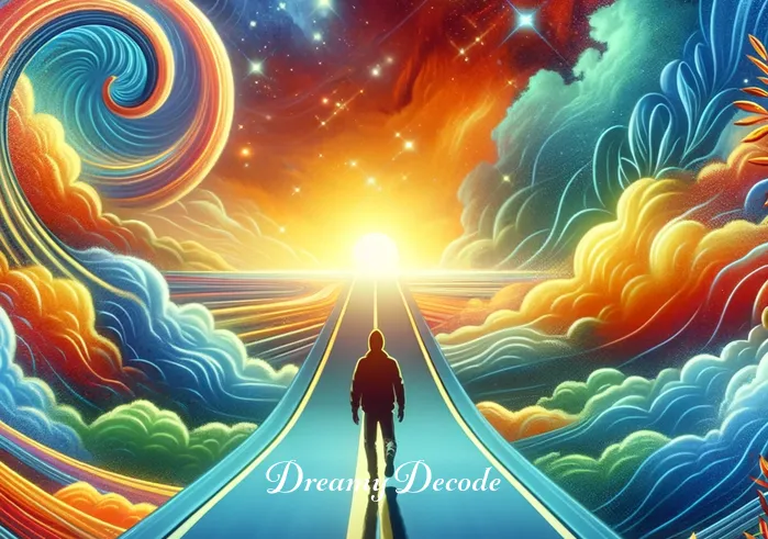 dream meaning of car being stolen _ A vibrant dream landscape with a path leading to a bright horizon, and the dreamer walking confidently towards it. This signifies the dreamer's newfound sense of freedom and adventure, interpreting the stolen car dream as an opportunity for personal growth and exploration.