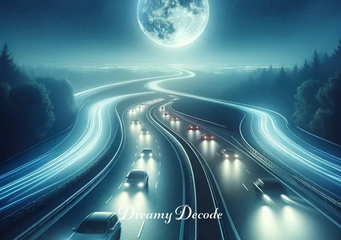 dream meaning of car crash _ A serene, moonlit highway with an array of cars smoothly navigating the bends. This dreamlike scene reflects a sense of journey and progression, with the full moon casting a peaceful glow over the tranquil road.