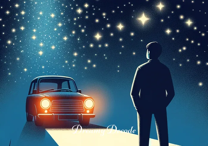dream meaning of car crash _ A dreamer standing beside a parked car, gazing thoughtfully at the starry night sky. The car