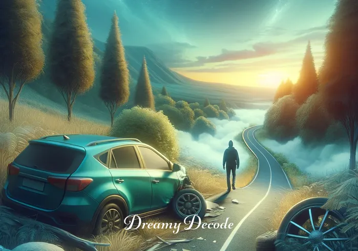 dream meaning of car crash _ The aftermath of the dreamlike car crash, showing the car safely parked beside the road amidst a serene landscape. The dreamer is seen walking away unharmed, symbolizing overcoming challenges and moving forward after a moment of uncertainty.