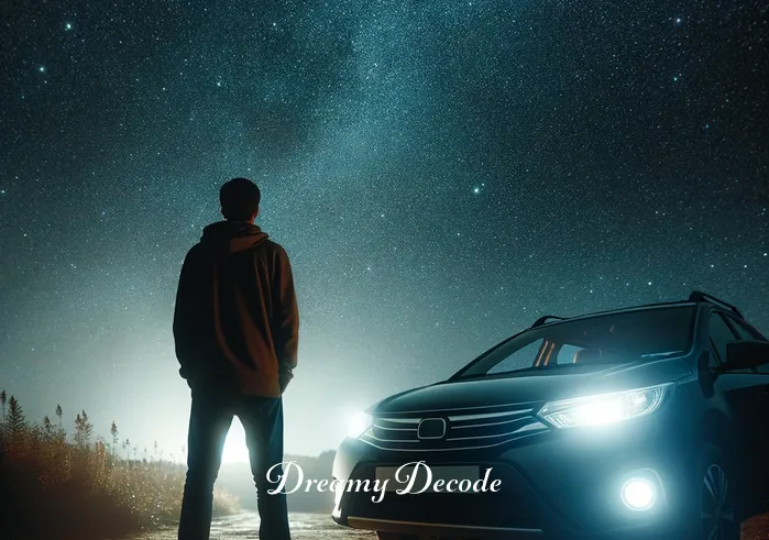 dream meaning of driving a car _ A person standing beside a parked car, looking contemplative under a starry night sky. The car