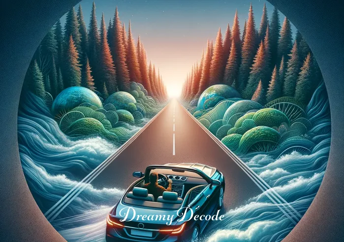 dream meaning of driving a car _ The car is now in motion, viewed from above. The person is driving along a winding road surrounded by a surreal landscape that blends forest and ocean, symbolizing exploration and the merging of conscious and subconscious realms.