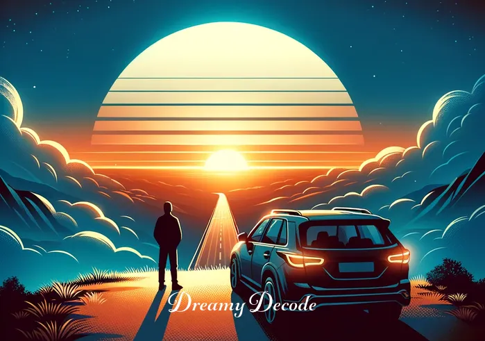 dream meaning of driving a car _ A final scene showing the car parked at a high vantage point, overlooking a sunrise. The driver is outside the car, watching the horizon. This image signifies the end of the journey and the arrival at a new understanding or perspective.