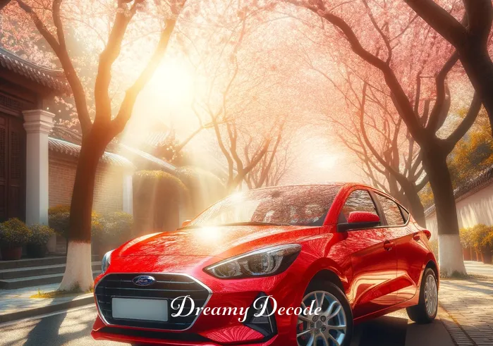 dream meaning red car _ A bright red car gleaming under the sun, parked on a serene street lined with blossoming trees, symbolizing the start of a journey or a new phase in life.