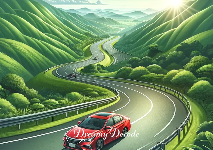 dream meaning red car _ The red car smoothly navigating a winding road surrounded by lush green hills, representing progress and the pursuit of goals in the dream.