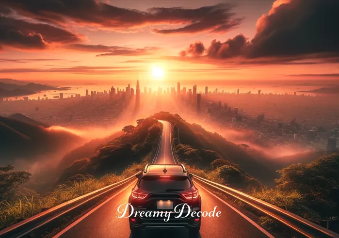 dream meaning red car _ The car reaching the peak of a hill, with a breathtaking view of the city skyline at sunset, indicating achievement and a broader perspective gained in the dream.