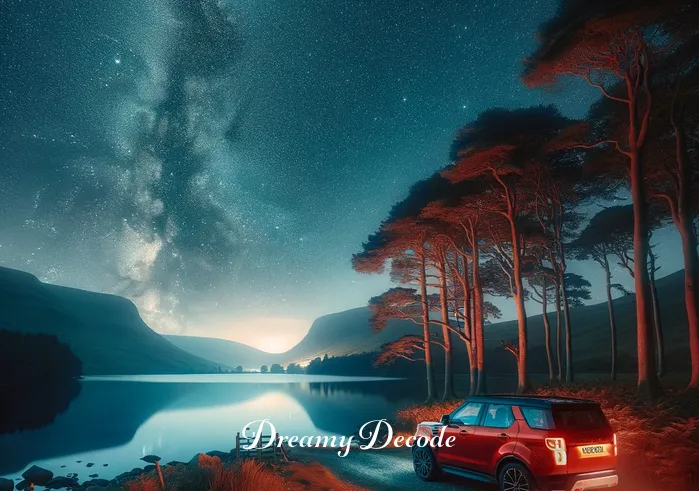 dream meaning red car _ The red car parked by a peaceful lake under a starry night sky, symbolizing the end of the journey and reflection on the experiences and insights gained.