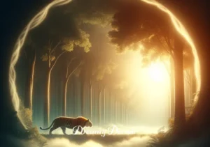 tiger attacking in dream meaning _ A peaceful resolution in the dream, where the tiger lands gently and walks away into the misty forest, symbolizing the dreamer's successful navigation through challenges or fears. The scene is bathed in a warm, reassuring light, suggesting a sense of accomplishment and growth from the dream experience.