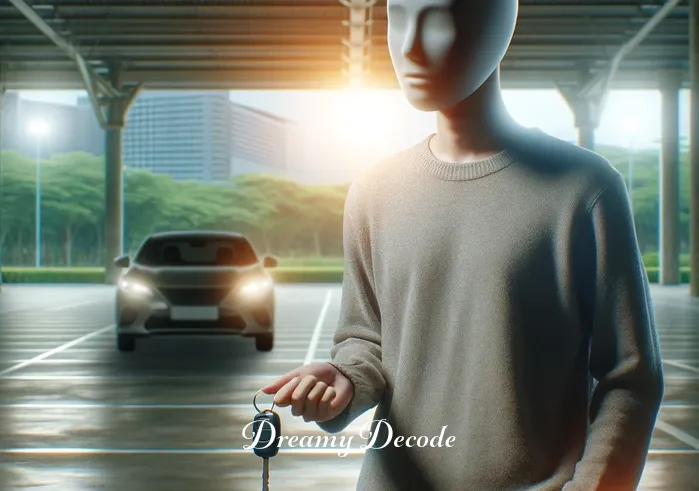 dream meaning stolen car _ A person stands in a serene, brightly lit parking lot, gazing at an empty parking space with a puzzled expression. Their car keys dangle from their hand, suggesting they