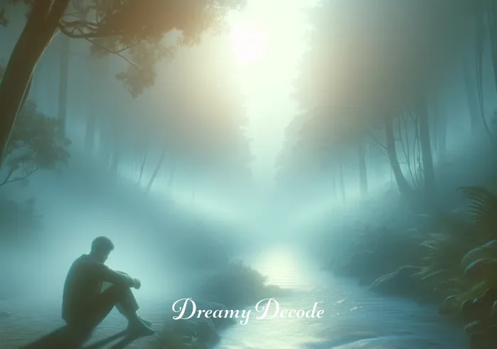 dream meaning stolen car _ In a dreamlike, misty landscape, the same person sits by a gently flowing river, reflecting deeply. Their expression is one of contemplation and mild distress, symbolizing the internal search for meaning following the loss of their car in the dream.