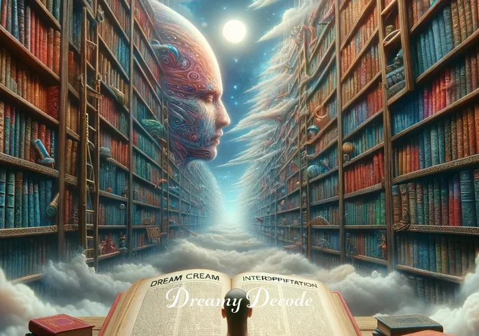dream meaning stolen car _ The scene transitions to a surreal library, where the person is surrounded by towering shelves filled with colorful, ancient books. They are intently reading a large, open book titled "Dream Interpretation", indicating a quest for understanding the significance of their dream.