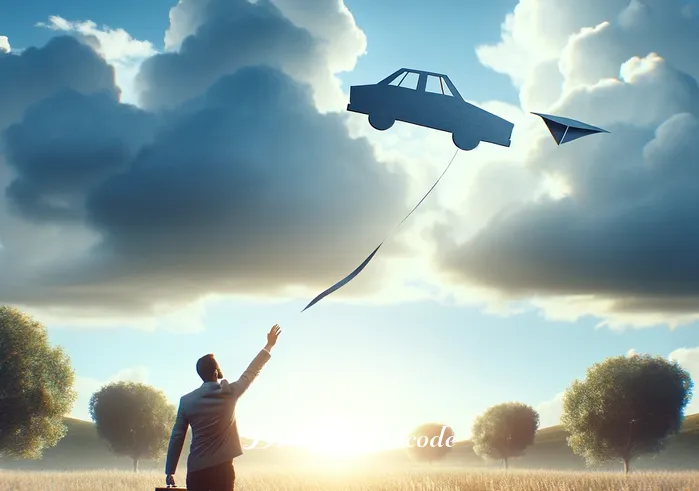 dream meaning stolen car _ Finally, the person is depicted in a peaceful meadow under a clear blue sky, releasing a small, paper car into the air like a kite. This symbolizes the acceptance and letting go of the stress and confusion associated with the dream, embracing a sense of freedom and resolution.