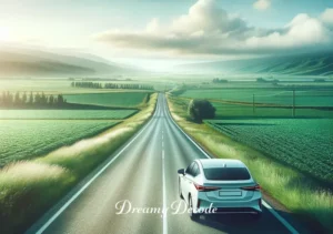 dream meaning white car _ The final image shows the car driving along a peaceful country road, surrounded by green fields and a clear sky. This represents progress and moving forward towards one's goals and aspirations, leaving behind any uncertainties or challenges.