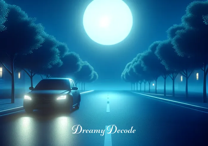 dream of car crash meaning _ A serene, moonlit street with a single car peacefully parked. The car