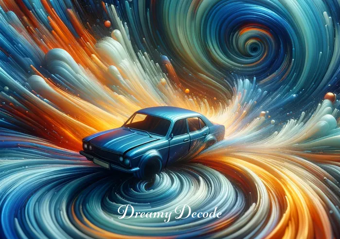 dream of car crash meaning _ An abstract representation of a car in mid-swerve, surrounded by swirling colors of blue and orange. The scene captures the chaotic and disorienting moment of a dream car crash, but without showing any actual impact or distress.
