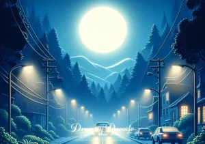dream of car crash meaning _ A calming aftermath scene, where the street returns to its moonlit peace. The car's headlights are off again, and a gentle mist envelops the street, suggesting a resolution and awakening from the dream.