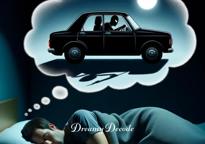 dream someone stole my car meaning _ A dream sequence showing the same person asleep in bed, with a thought bubble depicting a shadowy figure stealthily driving away in their car under the moonlight.