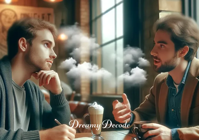 dream someone stole my car meaning _ The person consulting with a friend at a coffee shop, both engaged in a serious conversation. The dreamer is animatedly describing the dream, while the friend listens intently, surrounded by a cozy café atmosphere.