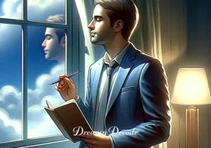 dream someone stole my car meaning _ An image of the person looking relieved and contemplative, standing by a window with a notebook and pen in hand, symbolizing self-reflection and understanding after interpreting the dream about the stolen car.
