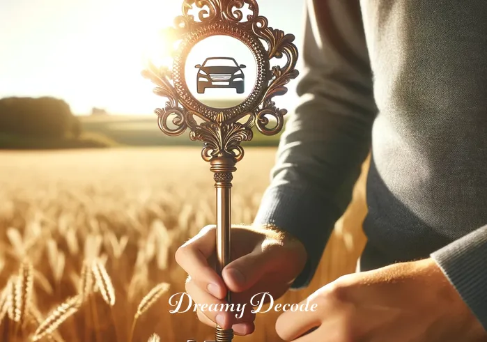 driving a car dream meaning _ A person standing in a sunlit, open field, holding a large, ornate key with a car emblem engraved on it, symbolizing the initiation of a journey or the beginning of a new chapter in life.