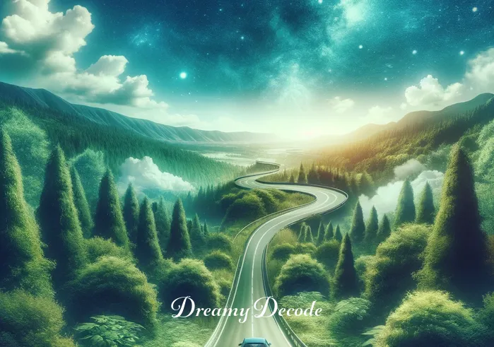 driving a car dream meaning _ A dreamlike image of a car driving along a winding road surrounded by lush, green forests under a bright blue sky, representing progress and the journey through life