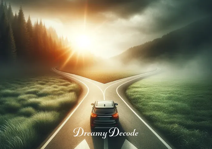 driving a car dream meaning _ An image of a car at a crossroads, with one path leading into a sunny, open landscape and the other into a misty, mysterious forest, symbolizing decision-making and the choices we face in life