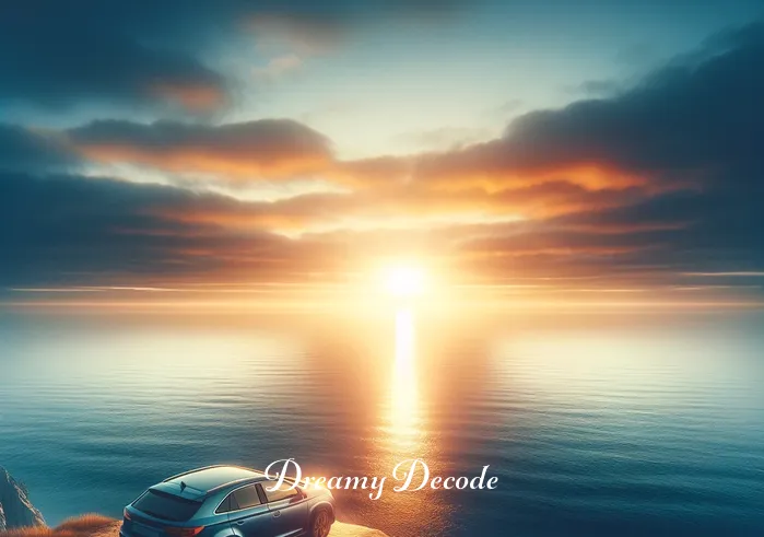 driving a car dream meaning _ A serene scene of a car parked at the edge of a cliff overlooking a vast, calm ocean at sunset, representing the culmination of a journey and the reflection on one's life experiences and achievements.