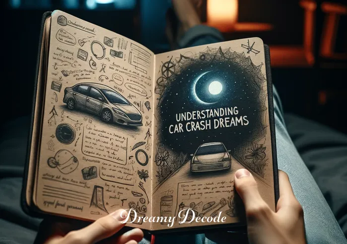 dying in a car crash dream meaning _ A person sitting in a peaceful, dimly-lit room, contemplating a dream journal with the title "Understanding Car Crash Dreams" on the cover. The journal is open, showing handwritten notes and sketches symbolizing a car journey.