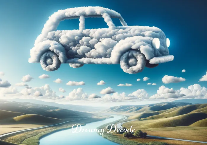 dying in a car crash dream meaning _ A surreal image of a car made from clouds, floating in a clear blue sky. Below, a serene landscape is visible with gentle rolling hills and a calm river, symbolizing a dream-like journey.