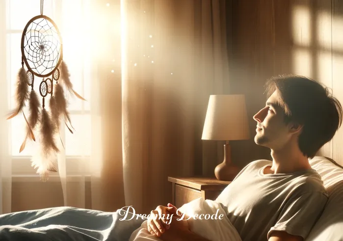 dying in a car crash dream meaning _ A peaceful scene of a person waking up in a sunlit bedroom, looking relieved and thoughtful. A dreamcatcher hangs by the window, gently swaying in the breeze, symbolizing the end of a dream and the return to reality.