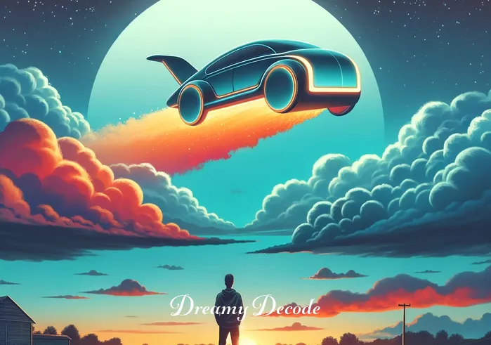 flying car dream meaning _ A person standing in an open field at dusk, looking up at the sky with a sense of wonder. In the sky, a colorful illustration of a flying car, resembling a modern sedan with wings, glides peacefully among fluffy clouds, symbolizing the beginning of a dream journey and the freedom of exploration.