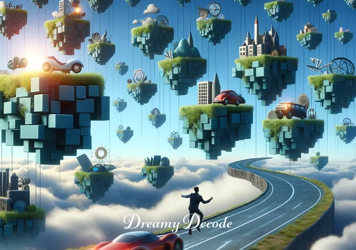 flying car dream meaning _ Transition to a surreal dreamscape where the flying car is gracefully maneuvering through a series of floating islands in the sky, each island representing different aspirations and goals. The person in the car is seen reaching out towards one of the islands, illustrating the pursuit of dreams and ambitions.
