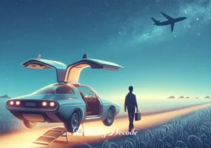 flying car dream meaning _ The final scene shows the flying car gently landing back in the field from the first scene, under a starry night sky. The person steps out of the car with a content smile, looking fulfilled and enlightened. This scene symbolizes the successful realization of dreams and a return to reality with new insights and inspirations.