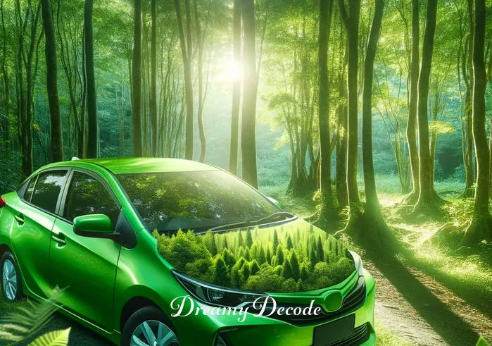 green car dream meaning _ A vivid green car parked in a serene, lush forest. The car blends harmoniously with the surrounding greenery, symbolizing a sense of balance and growth, with sunlight filtering through the trees, casting gentle patterns on the car.