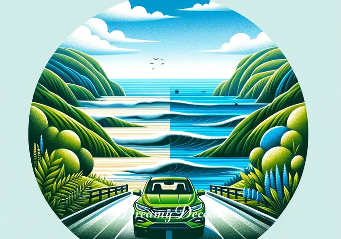 green car dream meaning _ The green car now travels along a coastal road, with the ocean