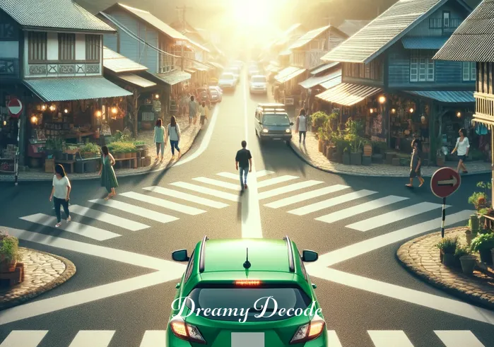 green car dream meaning _ The same green car arrives at a crossroads in a quaint, sunlit village, symbolizing a decision-making point in life. The crossroads are busy with people of diverse backgrounds, each going about their day, adding a sense of community and the choices we make in the company of others.