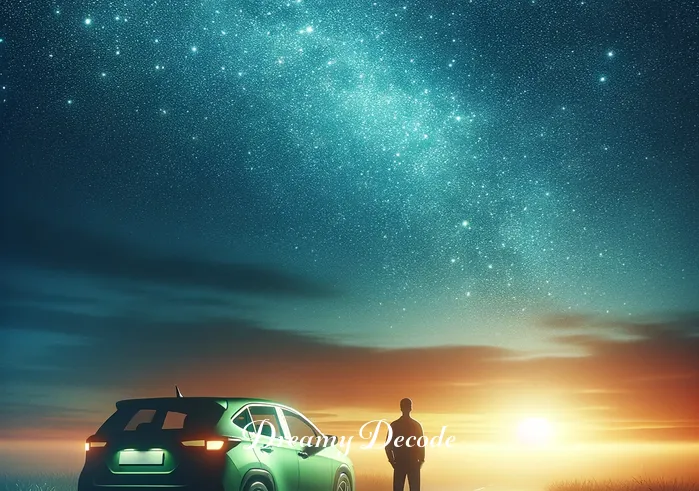 green car dream meaning _ The car is seen parked under a starry night sky, with a person standing beside it, gazing at the stars. This serene image represents a culmination of a journey, symbolizing introspection, guidance, and a deeper understanding of one's path, resonating with the theme of seeking direction and purpose in life.