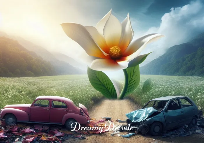 head on car crash dream meaning _ A surreal landscape with one of the cars transformed into a flower, representing the transformation or resolution phase of a head-on car crash dream, conveying a sense of peace and recovery.