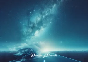 head on car crash dream meaning _ A serene image of an open road under a starry night sky, symbolizing the end of the dream about the car crash, with an emphasis on moving forward and leaving the past behind.