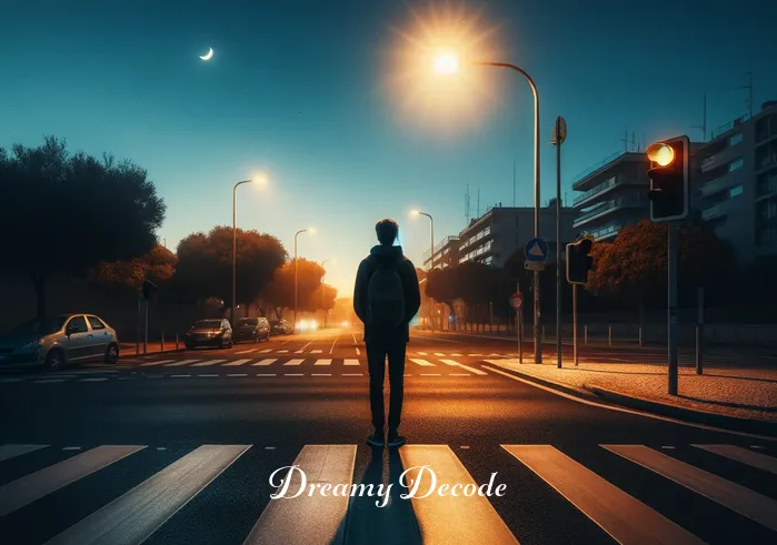 hit by a car dream meaning _ A vivid illustration of a person standing at a crosswalk, looking contemplative under a streetlight at dusk. The setting is serene, with a deserted road and a few parked cars under a twilight sky, symbolizing the initial stage of introspection in a dream.