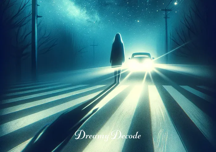 hit by a car dream meaning _ A dreamlike depiction of the same person now in the middle of the crosswalk, pausing as a car