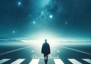 hit by a car dream meaning _ A final scene showing the person walking away from the crosswalk, with a clearer, star-filled night sky above. The empty road stretches behind, symbolizing the end of the dream and the person's journey towards understanding its meaning, with a sense of resolution and peace.